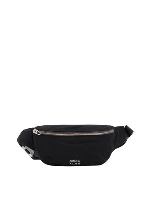 Riñonera de tela negra con cremallera plateada y correa ajustable, con pequeño logo blanco "Bimba y Lola" en el frente.