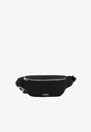 Black fabric waist bag with silver zipper and adjustable strap, featuring small white "Bimba y Lola" logo on front.