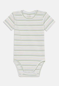 Bodysuit pour bébé à manches courtes en coton doux, avec des rayures horizontales bleu clair, vert et blanc, et des boutons-pression aux épaules et au bas.
