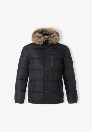 Must must kattejope, millel on vale karvaga ääristatud kapuuts, tõmblukuga rinna-tasku ja trukkidega sulgemine. Pehme, tikanditega tekstuur ja vooderdatud.