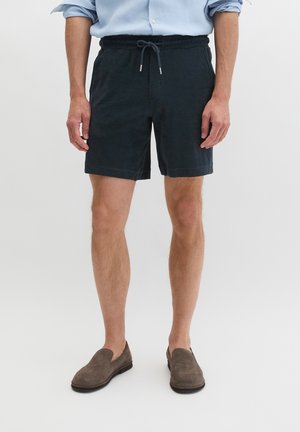 Mężczyzna ubrany w ciemne szorty na troczki, jasnoniebieską podwiniętą koszulę oraz brązowe wsuwane buty, stoi na jednolitym białym tle.