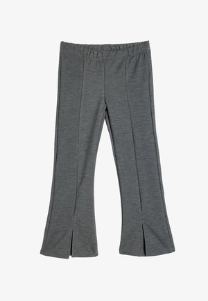 Grå flarebukser lavet af blødt, strækbart stof. Har en bred talje med plisseringer og sideslids ved kanten for ekstra detalje.