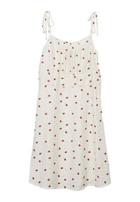 Vestido blanco con patrón de puntos rojos, tela suave, tirantes con lazos ajustables, cintura fruncida, largo que fluye por debajo de la rodilla.