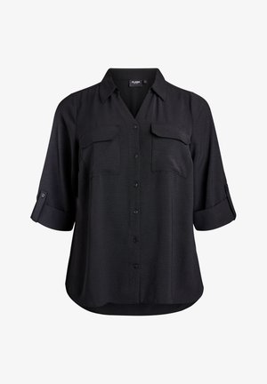 Schwarzes Hemd zum Knöpfen mit einem Kragen, zwei Brusttaschen und hochgekrempelten Ärmeln. Weiches Material mit einer strukturierten Oberfläche.