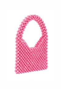 Borsa a tracolla rosa realizzata in perle sferiche lucide, con una forma strutturata, manico arrotondato e design aperto in cima.