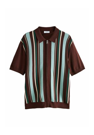 Kurzärmeliges Hemd mit braunem Grundton, versehen mit vertikalen Streifen in Blau, Creme und Grün. Vorderreißverschluss und Kragen-Design.