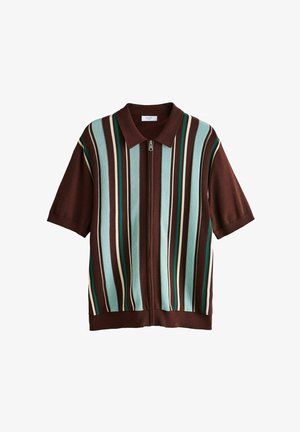 Kurzärmeliges Hemd mit braunem Grundton, versehen mit vertikalen Streifen in Blau, Creme und Grün. Vorderreißverschluss und Kragen-Design.