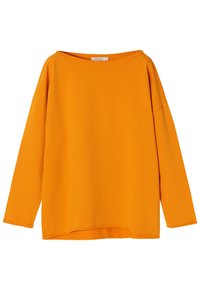 Oranssi pitkähihainen paita, jossa on leveä venekaulus, rento istuvuus ja pehmeä tekstuuri. Paidassa on laskostetut olkapäät ja hieman kaareva helma.