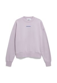 Lila sweatshirt met een ronde hals, lange mouwen met boorden en een cropped zoom. Bevat een blauwe "ARMEDANGELS" logo centraal geplaatst. Zacht materiaal.