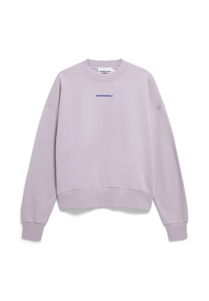 Lavender sweatshirt with a crew neckline, cuffed long sleeves, and a cropped hem. Features blue "ARMEDANGELS" logo centrally located. Soft fabric.