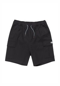 Shorts cargo noirs avec une taille élastique et un cordon de serrage. Comprend deux poches latérales et une poche cargo. Fabriqué en tissu durable.