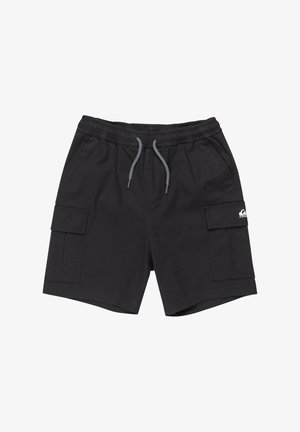 Svarta cargoshorts med elastisk midja och dragsko. Har två sidofickor och en cargoficka. Tillverkade av hållbart tyg.