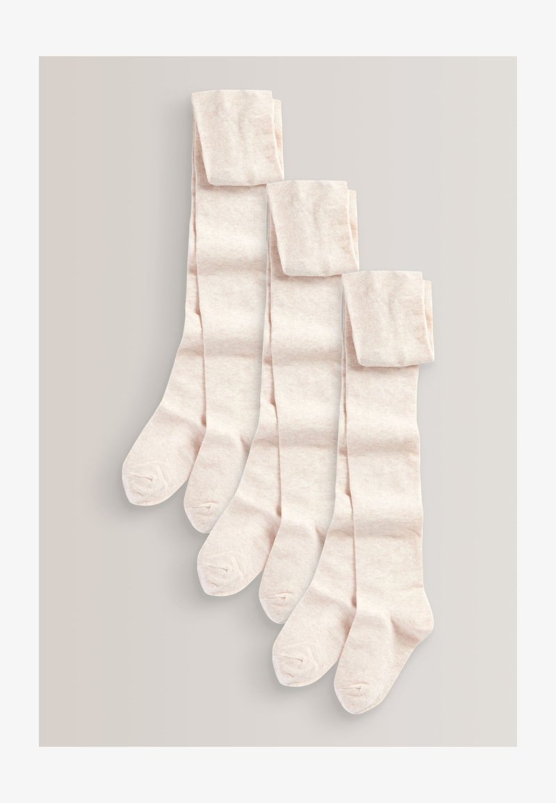 Calzettoni al ginocchio di un beige chiaro, con texture a coste e risvolto in cima. Mostrati tre paia, finitura liscia e punta arrotondata.