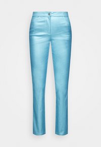 Shiny turquoise trousers with a tailored fit, featuring a five-pocket design, zip fly, and metal button closure at the waist.