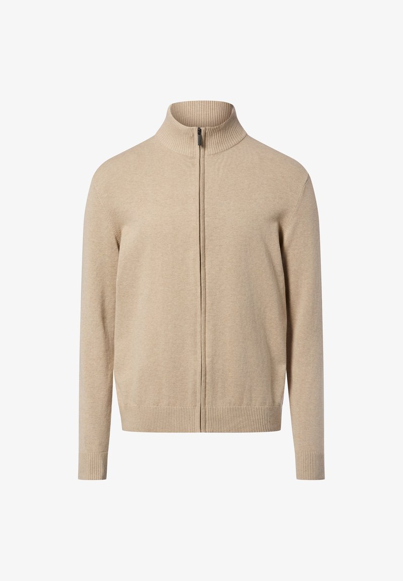 Beiger Reißverschluss-Pullover mit einem gerippten Kragen und Bündchen. Aus weichem Material gefertigt, weist eine glatte Textur und eine figurbetonte Passform auf.