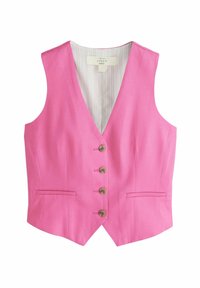 Roze linnen vest met V-hals, voorzien van vijf knopen aan de voorkant, twee zijzakken en een gestreepte voering. Smoothing textuur en getailleerd ontwerp.