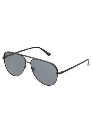 Aviator sunglasses with black metal frame, gray lenses, slim arms, and silicone nose pads. Features a minimalistic design and lightweight construction.