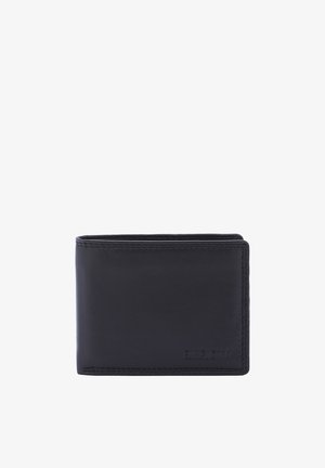 Black leather wallet with smooth texture, folded design, and visible stitching. Features embossed logo on the front. Compact and rectangular shape.