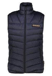 Marineblauwe gewatteerde puffer vest met hoge kraag, voorrits en zijzakken. Voorzien van een logo patch op de borst. Materiaal is glad en lichtgewicht.