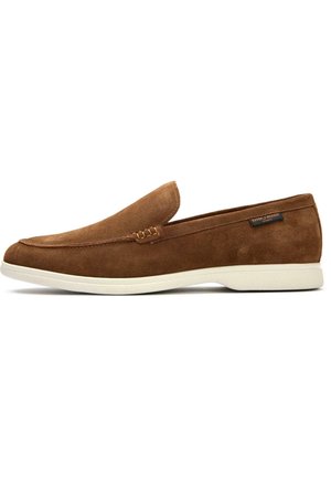 Brown suede slip-on loafer with white sole and stitched detailing, displaying a small side label on heel area.