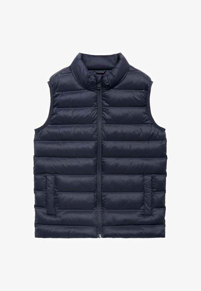 Temno modra brezrokavna puhasta jopica z vodoravnimi šivi, pokončnim ovratnikom, sprednjim zadrgo in dvema stranskima žepoma.