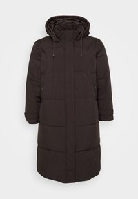 Long black padded winter coat with hood, full-length front zipper, side pockets, and adjustable sleeve cuffs.