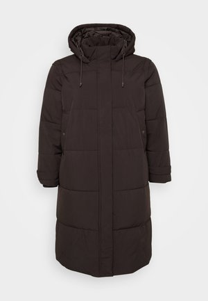 Long black padded winter coat with hood, full-length front zipper, side pockets, and adjustable sleeve cuffs.