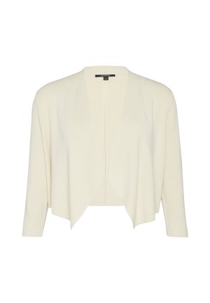 Cremefarbener Cardigan aus weichem, geripptem Material. Offenes Design, Dreiviertelärmel und eine lässige Passform mit nahtloser Textur.