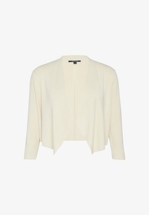 Beżowy kardigan wykonany z miękkiego, prążkowanego materiału. Otwarty przód, półrękawy oraz luźny krój z bezszwową teksturą.