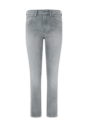 Lys grå denimjeans med rett ben-design, fem lommer, knappelukking, og subtil falming i stoffet.
