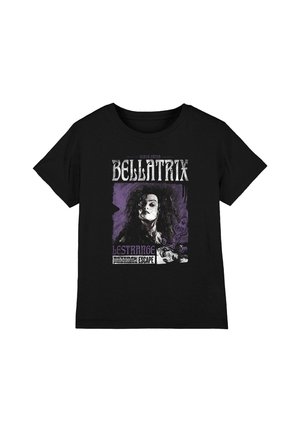 Black T-shirt with graphic of Bellatrix Lestrange in purple and white, styled like a wanted poster with text about high-security prisoner escape.