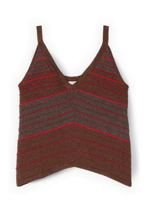 Ærmeløs striktop med V-hals, der har chevronstriber i brun, mørkebrun og røde nuancer.