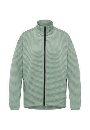 Hellgrüne Fleecjacke mit einer strukturierten, gesteppten Musterung. Verfügt über einen Stehkragen und einen durchgehenden Frontreißverschluss mit schwarzem Zipper.