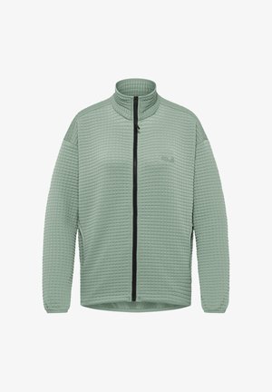 Hellgrüne Fleecjacke mit einer strukturierten, gesteppten Musterung. Verfügt über einen Stehkragen und einen durchgehenden Frontreißverschluss mit schwarzem Zipper.