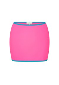 Ljusrosa minikjol med turkosa detaljer längs toppen och botten, visad liggande på en vit bakgrund.