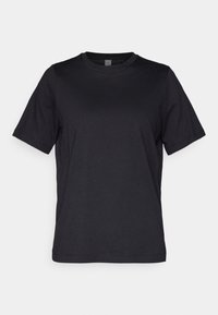 Schwarzes Baumwoll-T-Shirt mit kurzen Ärmeln, Rundhals und schlichtem Design. Glatte Textur und gerader Schnitt am Saum.