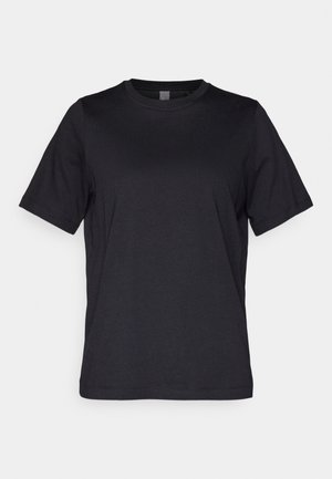 Svart bomulls T-skjorte med korte ermer, rund hals og enkelt design. Glatt tekstur og rett snitt nederst.
