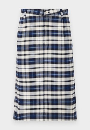 Plaid skirt in navy, white, and gray. Features a straight silhouette, button closure, and subtle texture with grid pattern.