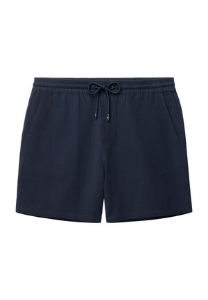 Bañador corto azul marino para hombre con cintura elástica, cordón delantero y bolsillos laterales, mostrado sobre un fondo blanco.