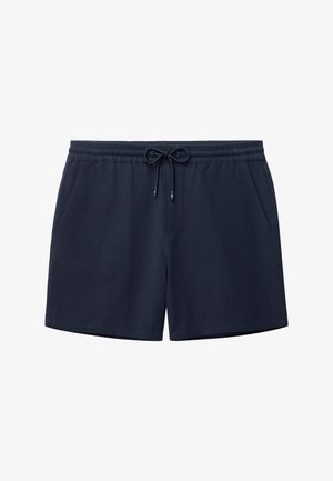 Tengerészkék férfi fürdőnadrág elasztikus derékpánttal, elülső húzózsinórral és oldalzsebekkel, fehér háttér előtt bemutatva.