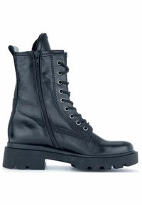 Black leather ankle boot with a rugged rubber sole, lace-up front, and side zipper. Features subtle stitching details and a high top.