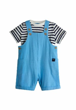 Chemise à manches courtes rayée avec salopette boutonnée bleu clair, dotée de poches frontales et de revers roulés aux jambes pour tout-petits.
