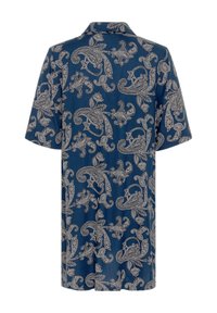 Chemise bleue à manches courtes avec un motif floral et paisley gris complexe, vue de dos avec un col classique.