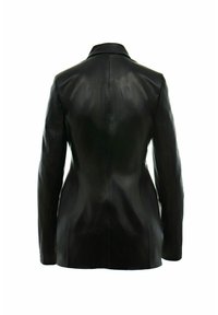 Czarny skórzany blezer o dopasowanym kroju, z wyciętym kołnierzem i długimi rękawami. Gładka faktura i bezszwowy tył.