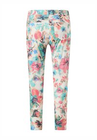 Pantaloni a fantasia floreale in tonalità pastello di rosa, blu e verde. Design slim-fit con due tasche posteriori e vita a media altezza.
