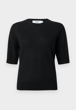 Top negru cu mânecă scurtă din tricot, cu decolteu rotund, tiv striat și textură netedă, cu un design minimalist și fără modele suplimentare.