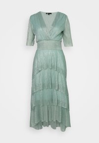 Robe midi vert clair scintillante avec col en V, manches mi-longues, taille froncée et jupe asymétrique à volants superposés.