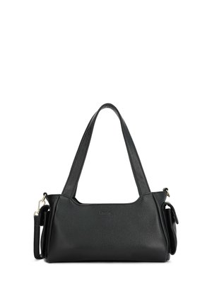 Sac à main en cuir noir avec deux bretelles, ferrures dorées et forme rectangulaire sur fond blanc.
