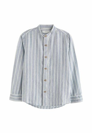 Chemise à manches longues avec rayures verticales blanches et bleu clair, dotée d'un col mao et de boutons en bois sur le devant.