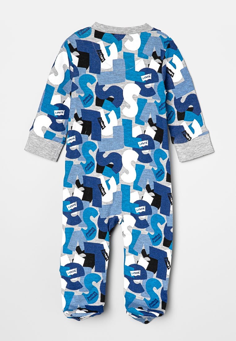 Blå och grå långärmad bodysuit med ett abstrakt mönster av bokstäver i olika färger. Mjuk bomullsmaterial med ribbade ärmslut och rundad halsringning.